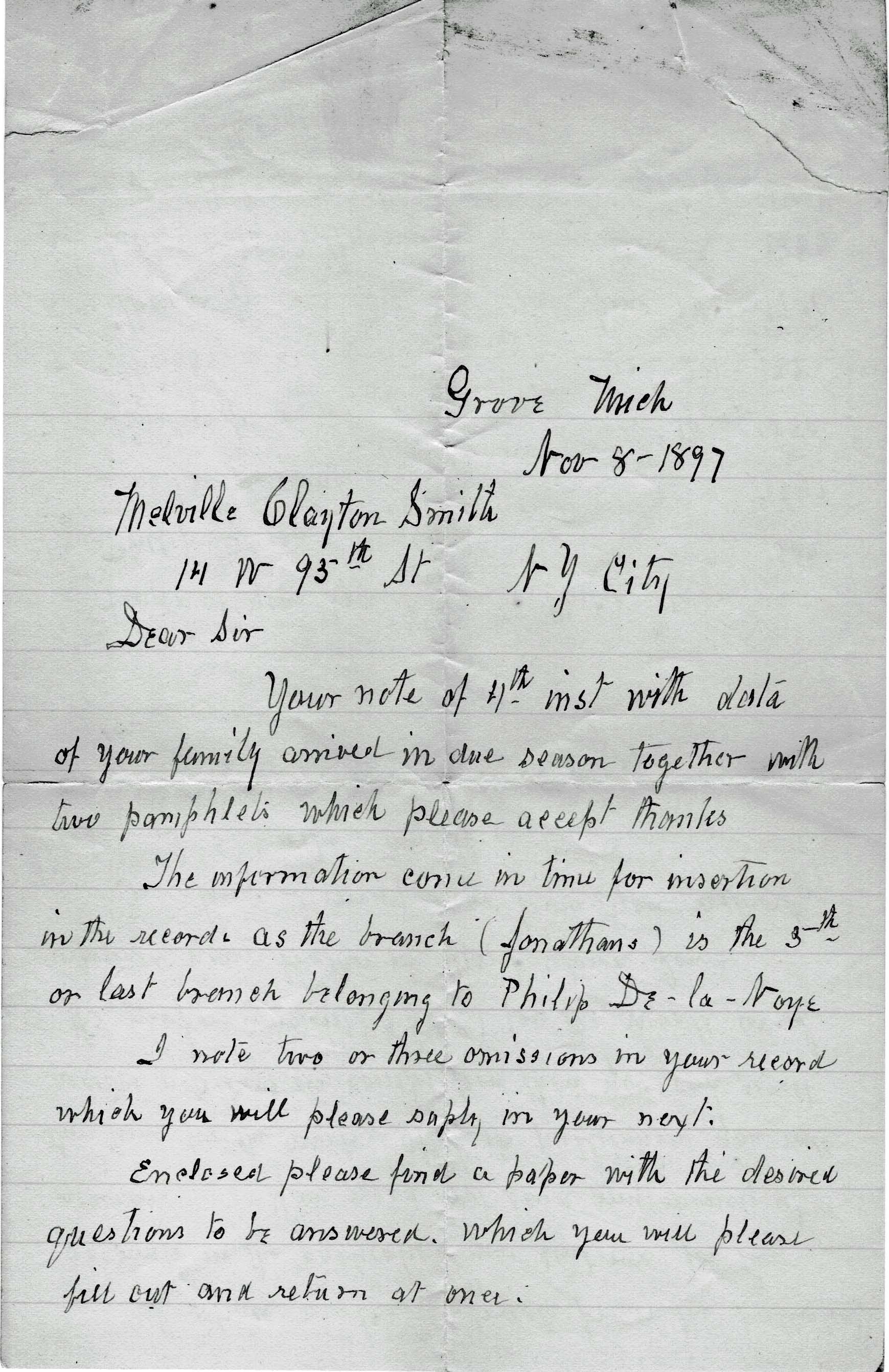 Letter from Joel Andrew Delano to Melville Clayton Smith (p1 of 2)